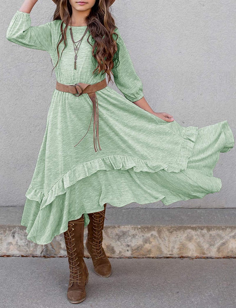 MITILLY Girls Loose Plain 3/4 Sleeve Casual Pocket Ruffle Swing Long Maxi Dress with Belt 12 Years Green - Image 2